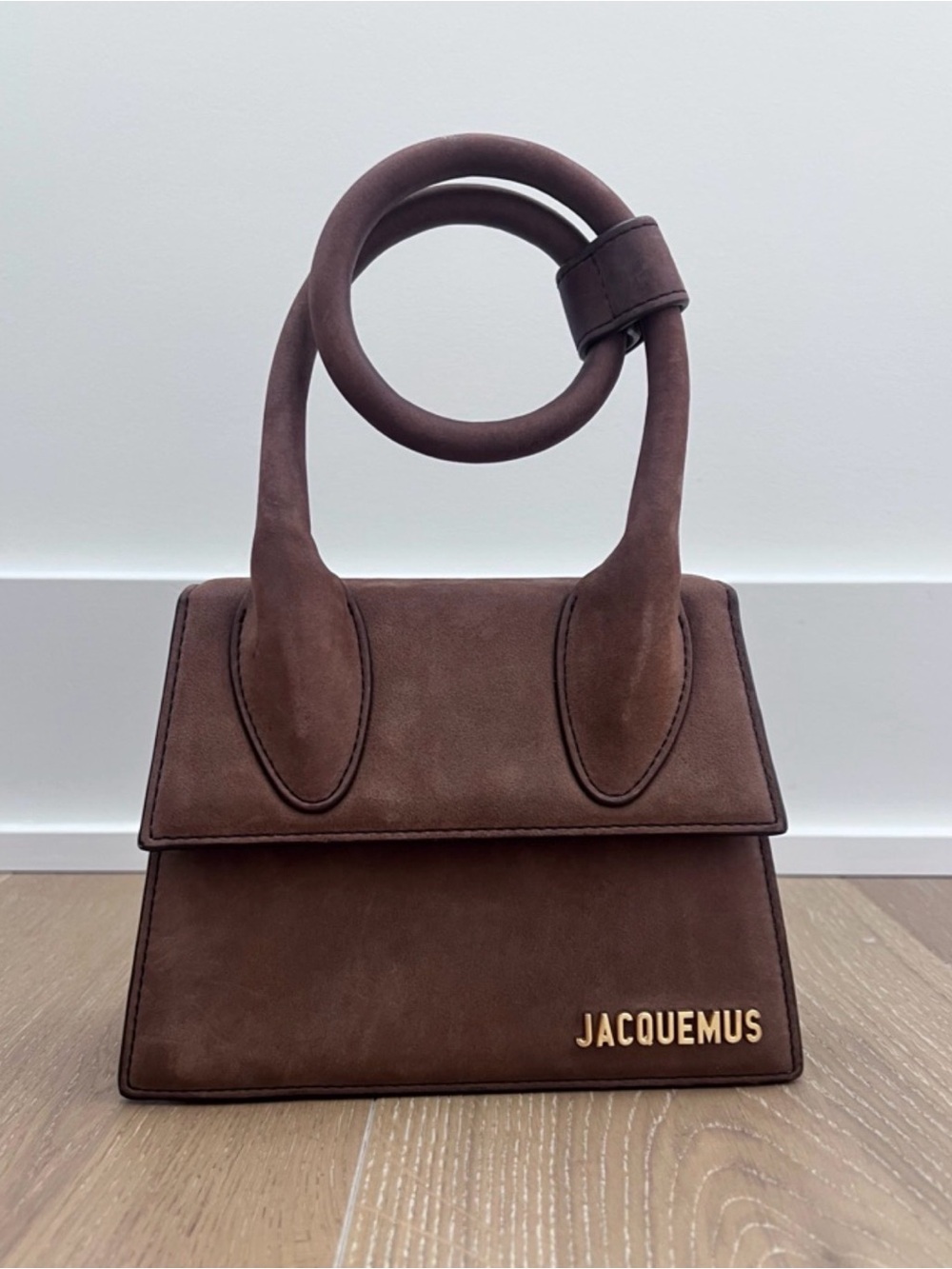 Jacquemus Brown Suede Le Chiquito Mini Top-Handle Bag with Gold Logo